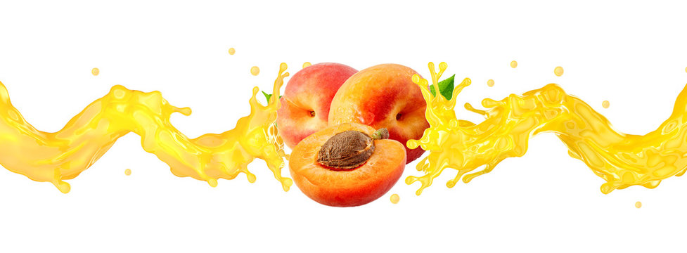 Fresh ripe peaches, slice and peach juice 3D splash wave. Healthy food or fruit drink liquid ad label design elements. Tasty peach or apricots smoothie splash isolated, healthy diet