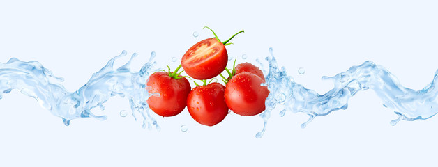 Fototapeta na wymiar Fresh ripe tomatoes branch with water dew drops, tomato half and cold pure water splashes. 3D wave swirl vegetable design element. Healthy ecological food, vegetables drink liquid design, healthy diet