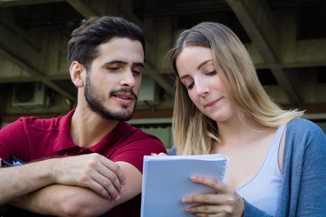 Group of  University students studying together outdoors