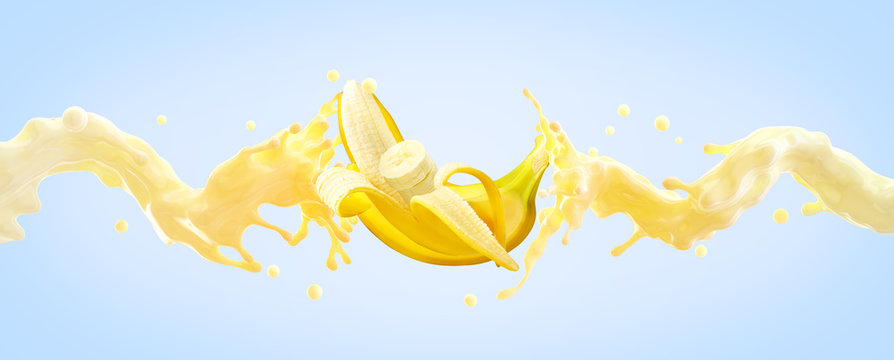 Delicious Fresh Fruit Banana Yogurt Or Cream 3D Splash Waves With Ripe Banana And Banana Slices.  Label, Banner Advertising Element Design With Greek Yogurt, Whipped Cream, Smoothie, Milk, Ripe Banana