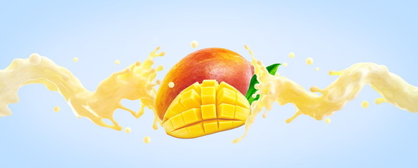 Delicious fresh fruit mango yogurt or cream 3D splash waves with ripe mango and mango slice.  Label, banner advertising element design with yogurt, whipped cream, smoothie, milk, ripe mango fruits