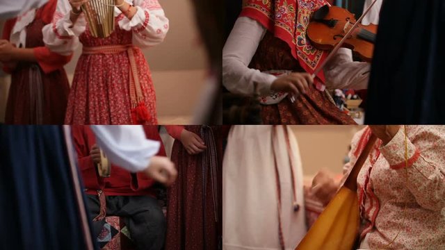 4 in 1: People in traditional Russian clothes play different musical instruments