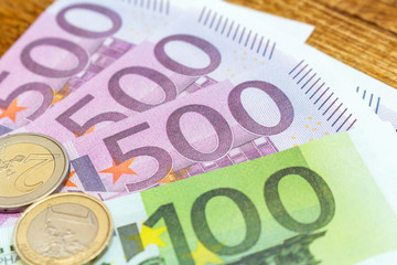 Pack of euro banknotes and coins background finance economy currency close up selective focus Europe currency