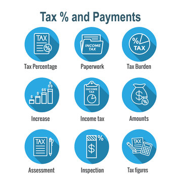 Tax concept with percentage paid, icon and income idea. Flat vector outline illustration.
