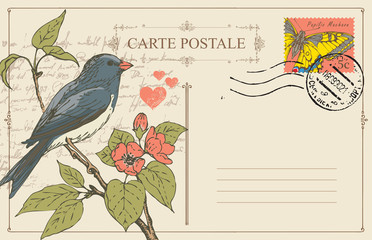 Vector greeting card or retro postcard with postage stamp and hand-drawn bird on branch of flowering tree. Romantic vector card in vintage style with place for text and postmark in frame with curls