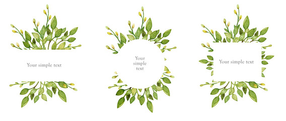 Hand drawn watercolor set of floral wreath isolated on a white background. Use for creating invitations, greeting cards. Botanical illustration. Watercolor frame