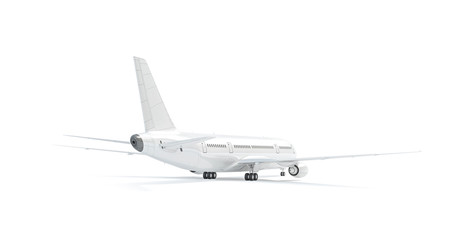 Blank white airplane mockup stand, backside view isolated, 3d rendering. Clear aerobus tailplane...