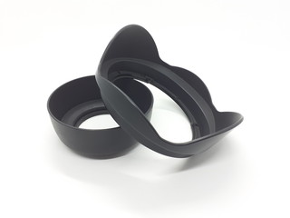 Black Plastic Digital Camera Lens Hood in White Isolated Background