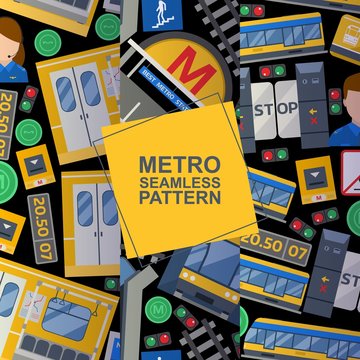 Metro station elements set of seamless patterns background including train, platform, ticket, driver, doors, card, map with lines. Vector illustration of public transport.