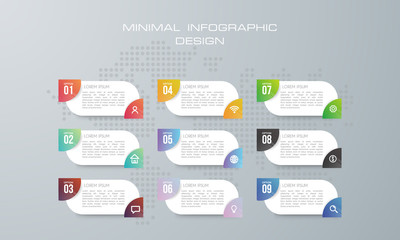 Infographic template with 9 options, workflow, process chart,Timeline infographics design vector can be used for workflow layout, diagram, annual report, web design, steps or processes. - Vector