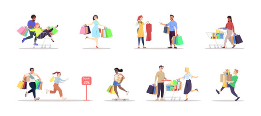 Fototapeta na wymiar Shopping flat vector illustrations set. People with bags, purchases isolated cartoon characters on white background. Special offer, seasonal finale sale, discount. Grocery, fashion, holiday presents