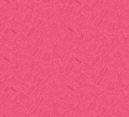 Food vector seamless pattern. Cuisine, fast food cafe wallpaper with gastronomy icons. Pink, blush color texture. Decorative textile, wrapping paper design. Bright background for menu, receipts
