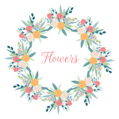 Vector circle frame flowers on white background. Gentle floral design. Can be used as design element for wedding , greeting card, package.