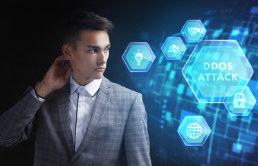 The concept of business, technology, the Internet and the network. A young entrepreneur working on...