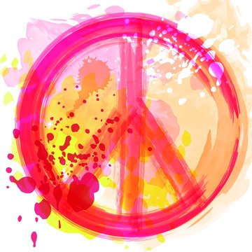 Peace Hippie Symbol over colorful background. Freedom, spirituality, occultism, textiles art. Vector illustration for t-shirt print over vector watercolor,chalk, pastels texture background.