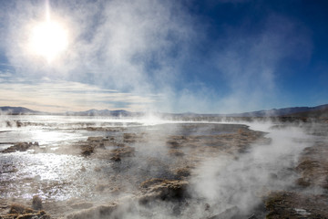 Aguas termales de Polques, hot springs with a pool of steaming natural thermal water in Bolivia