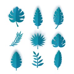Fototapeta na wymiar Set of blue summer tropical leaves in paper cut style. Craft jungle neon colored plants collection on white background. Vector card illustration.