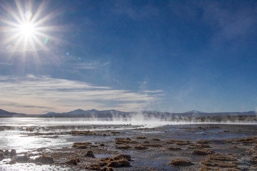 Aguas termales de Polques, hot springs with a pool of steaming natural thermal water in Bolivia