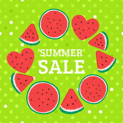Round frame of watermelon pieces. Summer bright design sale. Vector illustration on green polka dot