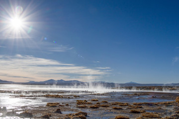 Aguas termales de Polques, hot springs with a pool of steaming natural thermal water in Bolivia