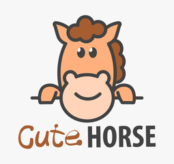 Vector Logo of сute funny smiling cartoon horse. Modern humorous logo template with image of the racehorse. Can be use for advertising farm, horse racing.