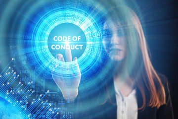 The concept of business, technology, the Internet and the network. A young entrepreneur working on a virtual screen of the future and sees the inscription: Code of conduct