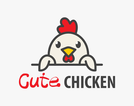 Vector Logo of сute funny smiling cartoon chicken. Modern humorous logo template with image of the rooster. Poultry farm logo. Can be use for advertising farm, market, gastronome.