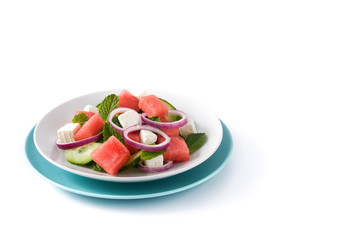 Watermelon salad with feta cheese isolated on white background. Copyspace