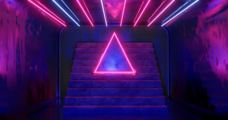 3d rendering, abstract neon background, pink blue glowing light, staircase in dark room