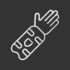 Obraz premium Cricket arm guard chalk icon. Body protection for batsman. Arm pad on hand. Protective clothing. Sport equipment. Protecting forearm for better frame. Isolated vector chalkboard illustration