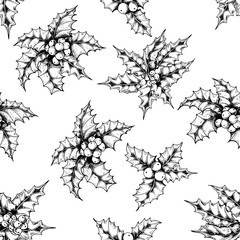 Seamless pattern with holly berry plant. Black and white illustration. Hand drawn vector.