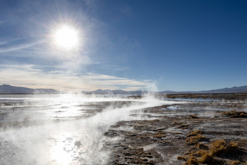 Aguas termales de Polques, hot springs with a pool of steaming natural thermal water in Bolivia