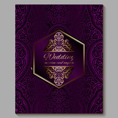 Wedding invitation card with gold shiny eastern and baroque rich foliage. Royal purple Ornate islamic background for your design. Islam, Arabic, Indian, Dubai.