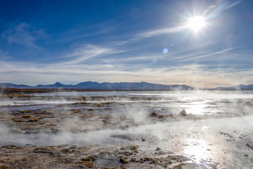 Aguas termales de Polques, hot springs with a pool of steaming natural thermal water in Bolivia