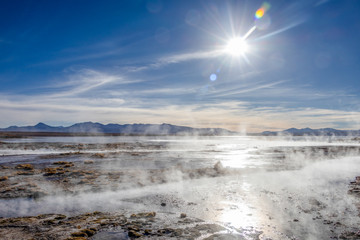 Aguas termales de Polques, hot springs with a pool of steaming natural thermal water in Bolivia
