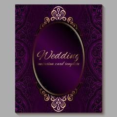 Wedding invitation card with gold shiny eastern and baroque rich foliage. Royal purple Ornate islamic background for your design. Islam, Arabic, Indian, Dubai.
