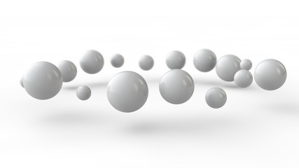 3D illustration of many small white balls, spheres arranged in a ring above the white surface receiving shadows. 3D rendering of abstract background, futuristic design, perfect geometric bodies.