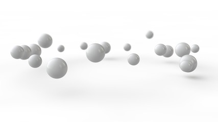 3D illustration of many small white balls, spheres arranged in a ring above the white surface receiving shadows. 3D rendering of abstract background, futuristic design, perfect geometric bodies.