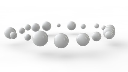 3D illustration of many small white balls, spheres arranged in a ring above the white surface receiving shadows. 3D rendering of abstract background, futuristic design, perfect geometric bodies.