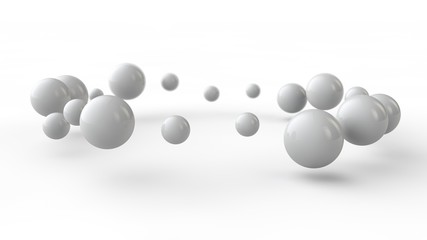 3D illustration of many small white balls, spheres arranged in a ring above the white surface receiving shadows. 3D rendering of abstract background, futuristic design, perfect geometric bodies.