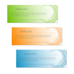 Card with abstract radial circle lines Tech lines on a orange blue green background Creative technology card template design element app Abstract background for business card ads tech theme Vector set