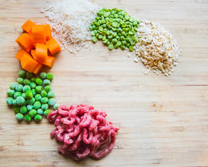 Homemade Dog Food Ingredients - mince, carrots, peas, rice, lentils, oats