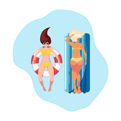 girls with swimsuit in lifeguard and mattress floats in water