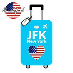 Luggage with airport station code IATA or location identifier and destination city name New York, JFK. Travel to the United States of America concept. Heart shaped flag of the USA on the baggage.