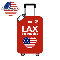 Luggage with airport station code IATA or location identifier and destination city name Los Angeles, LAX. Travel to the United States of America concept. Heart shaped flag of the USA on the baggage.