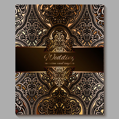 Wedding invitation card with gold shiny eastern and baroque rich foliage. Royal bronze Ornate islamic background for your design. Islam, Arabic, Indian, Dubai.