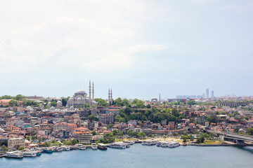 Panoramic view observation deck from Galata tower of Golden Horn and mosque Suleymaniye in Istanbul