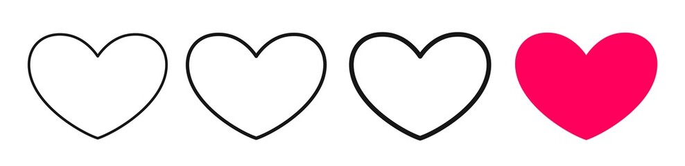 Heart shaped contour of different thickness. Sign, symbol, icon favorites for interface design. Vector hearts isolated on white background.