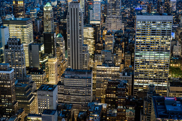 Dusck cityscape of midtown skyscrapers and buildingds view from rooftop Rockefeller Center
