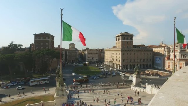 Pan view of Venice Square (Piazza Venezia). Piazza Venezia is located in heart of Rome surrounded by several landmarks including Palazzo Venezia and Vittoriano Monument